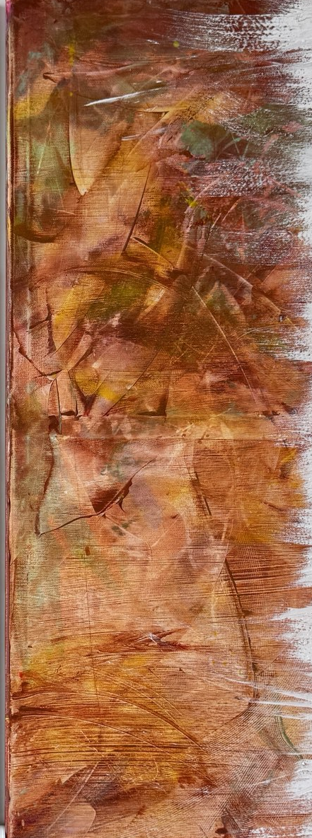Two tall canvases side by side: layered turquoise-green on the left, layered amber-rust on the right, both with textured brushed edges.