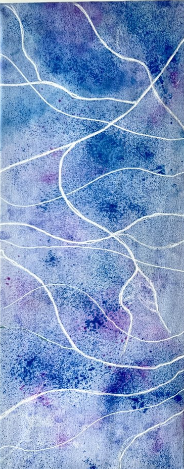 Three narrow canvases: blue-to-lilac, soft gray-pink, and pale sand tones, crossed by fine flowing lines.