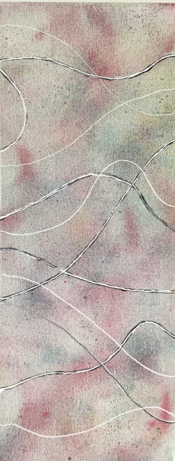 Three narrow canvases: blue-to-lilac, soft gray-pink, and pale sand tones, crossed by fine flowing lines.