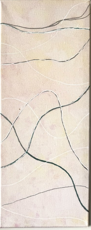 Three narrow canvases: blue-to-lilac, soft gray-pink, and pale sand tones, crossed by fine flowing lines.